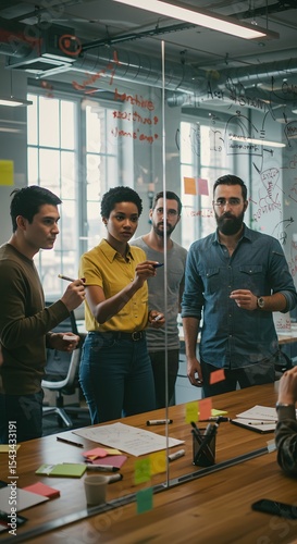 Team Brainstorming on Glass Wall in Open Office
