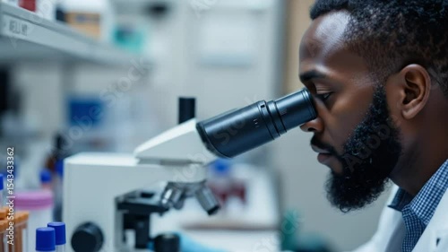 african male hematologist analyzes blood samples in laboratory. Doctor uses microscope. Scientist works with test tubes, examines health. Medical, diagnostic, scientific research, work in lab. 4k vide