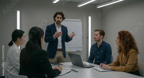 Manager Giving Feedback in Team Strategy Meeting
