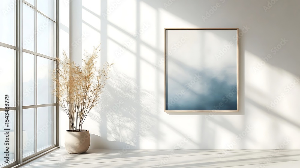 Fototapeta premium Sunlight streams into a minimalist room with pampas grass and framed art.