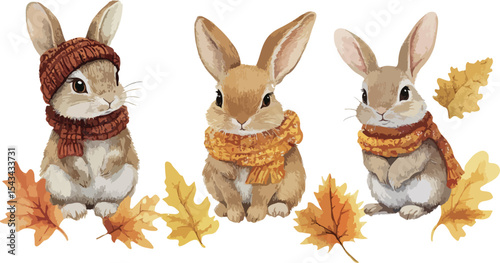 Three adorable bunnies dressed in autumn accessories including a hat and scarves surrounded by colorful fall leaves creating a charming seasonal illustration perfect for various