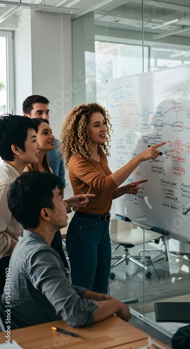 Business Team Discussing Strategy at Whiteboard
