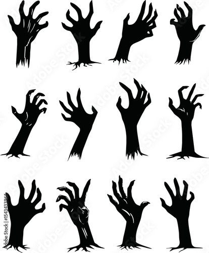 Scary human or zombie hand from the ground silhouette icon set. hand Halloween decorative element. Vector illustration