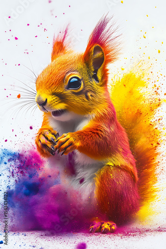 Vibrant Squirrel Surrounded by Colorful Powder Explosions in a Whimsical Setting