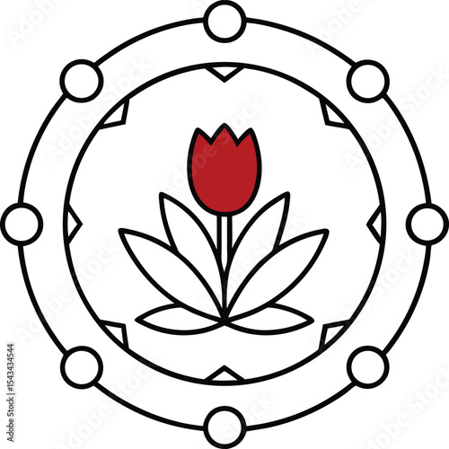 A simple, line art design featuring a stylized red tulip nestled within a circular border.