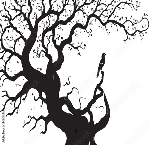 Large, Sprawling Tree Silhouette with Birds and Animals on Branches and Roots

