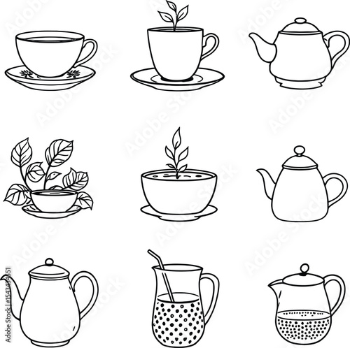 Black-and-White Vector Illustrations of Teaware and Botanical Infusions – A 3x3 Grid Blending Classic Ceramics with Herbal Elements