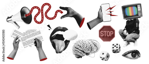 Fake news. Vintage collage conception. Retro halftone brain, loudspeaker, telephone, newspaper mouth, hand, TV, eye. Propaganda misinformation. Vector background.