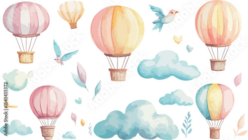Watercolor Hot Air Balloons and Clouds Illustration for Baby Shower Nursery Decor or Children s Book Pastel Colors Cute Birds and Soft Textures create a