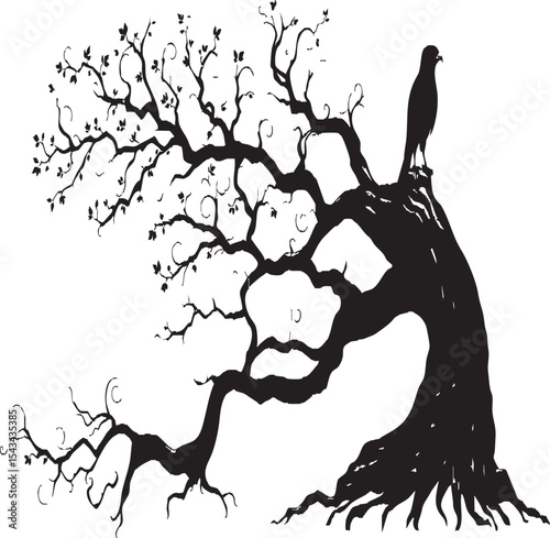 Large, Sprawling Tree Silhouette with Birds and Animals on Branches and Roots

