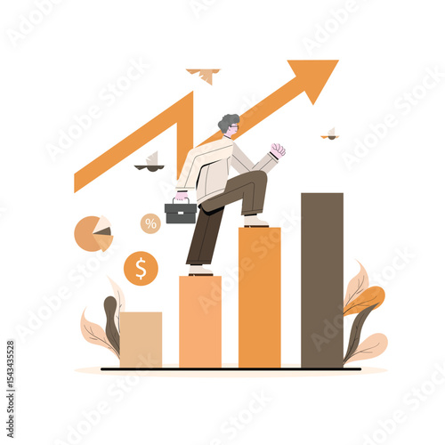 Business Success and Market Growth Strategy Visualization in Flat Design, Man Walking Up Graph Bars, Businessman Climbing Bar Chart for Career and Financial Growth Concept