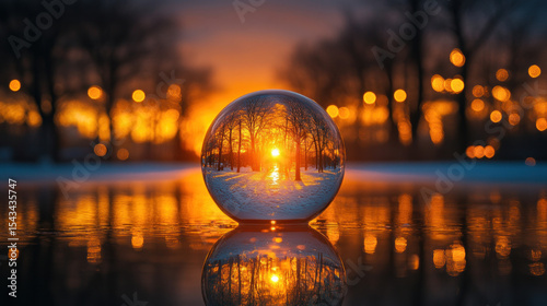 Crystal ball, winter sunrise, park reflection