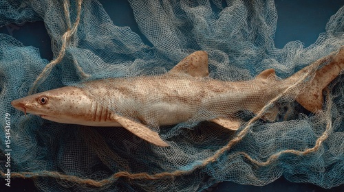 Magnificent Sand Tiger Shark entangled in a vintage maritime fishing net
