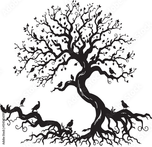 Large, Sprawling Tree Silhouette with Birds and Animals on Branches and Roots

