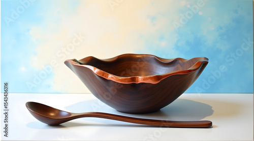 Wooden bowl with scalloped rim and matching spoon on soft blue white gradient background