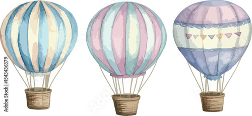 Watercolor Illustration of Three Hot Air Balloons in Pastel Colors with Striped Patterns and Baskets Isolated on a White Background for Baby Shower and Nursery