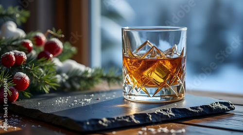 Alpine luxury crystal whiskey tumbler on slate serving board in ski chalet interior with snow-diffused light, high-key reflections and condensation detail, editorial image with copy space 