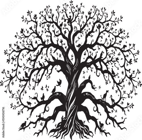 Large, Sprawling Tree Silhouette with Birds and Animals on Branches and Roots

