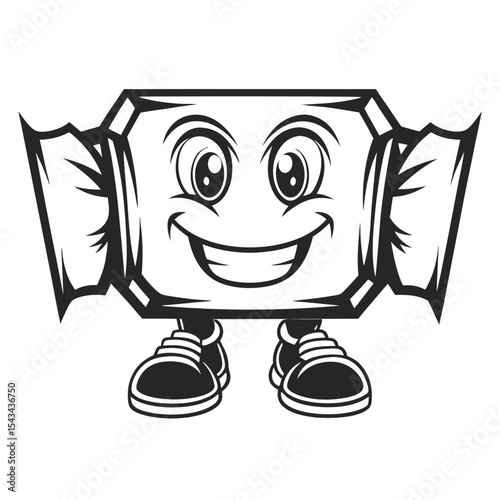 Cartoon Candy Character: A black and white vector illustration of a smiling candy wrapper with expressive eyes and feet wearing sneakers, isolated on a white background.