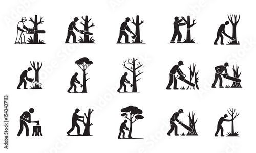 A set of twelve black silhouette icons showing various stages of tree removal and forestry work vector art on white