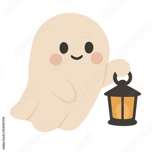 Funny cartoon ghost holding lantern. Flat vector illustration on white background for Halloween.