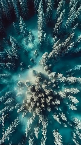 Top view of a snowy forest expands symmetrically, creating a mesmerizing kaleidoscopic effect