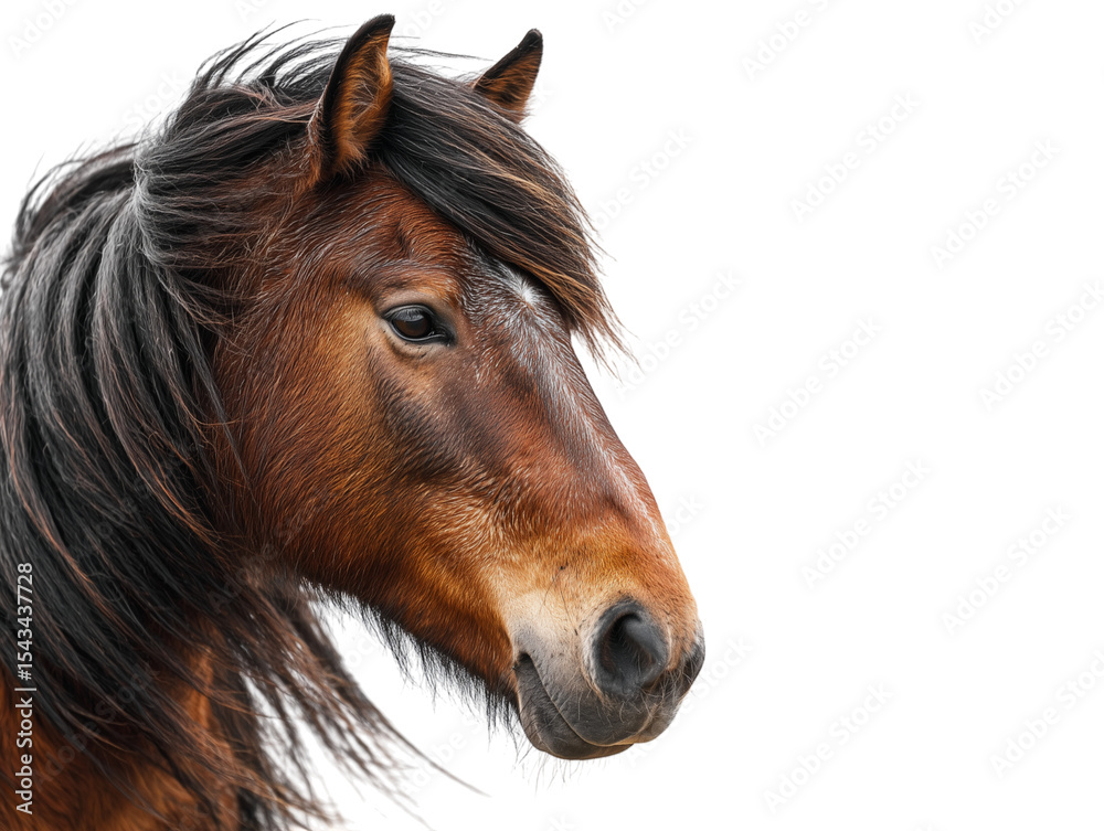Obraz premium A close-up shot of a brown horse, captured with stunning detail, featuring flowing mane and alert expression. 
