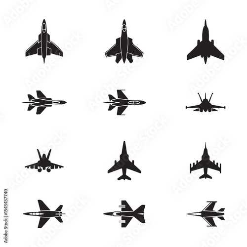 Collection of Black Silhouette Military Jet Fighter Planes, A set of nine black silhouette fighter jet plane icons, displayed in a grid format vector art on white