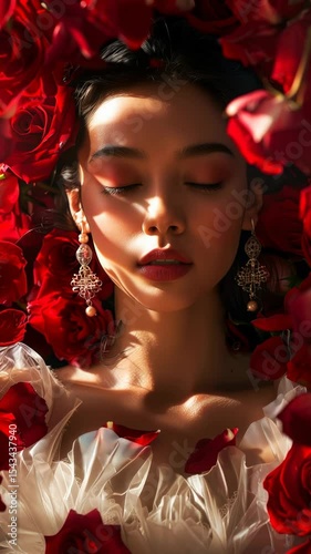 Young woman with closed eyes lying on red roses and petals