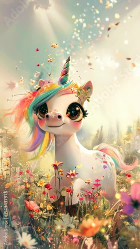 Whimsical unicorn with rainbow mane frolics amidst colorful wildflowers, bathed in soft sunlight