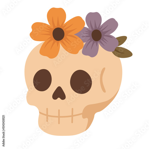 Cartoon skull with colorful flowers. Flat spooky vector illustration on white background for Halloween.
