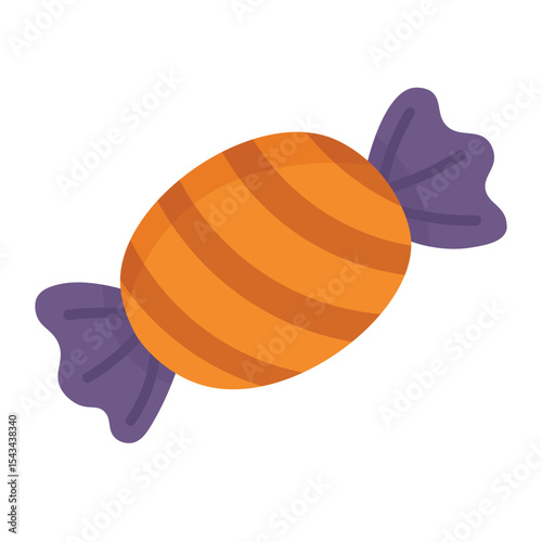 Cartoon orange candy with purple wrapper. Flat vector illustration on white background for Halloween.