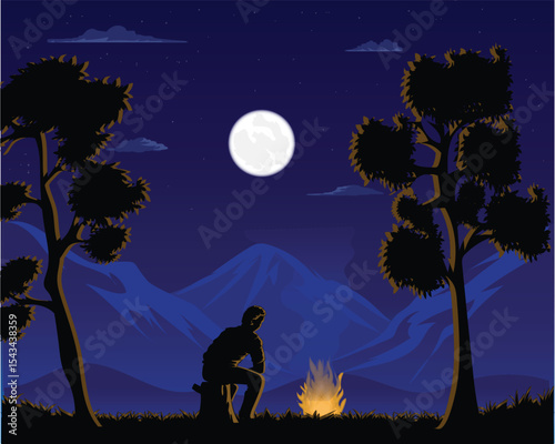 vector design illustration of natural scenery at night and a man is seen sitting near a campfire under the moonlight