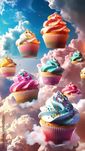 Colorful cupcakes float among the clouds in a whimsical and dreamy scene