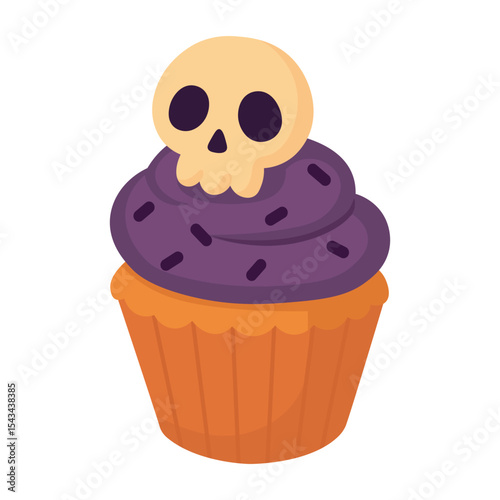 Cartoon cupcake with skull topping and purple cream. Flat vector illustration on white background.