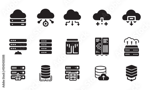 Collection of Cloud Computing and Data Center Icons, set of black and white icons depicts various aspects of cloud computing and data centers.