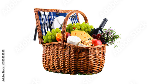 Bright Spring Picnic Basket with Fresh Fruit and Cheese on a White Background