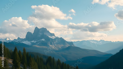 Majestic mountain peaks pierce the sky, their snowy slopes and alpine forests veiled in morning clouds, offering a breathtaking view of nature's grandeur