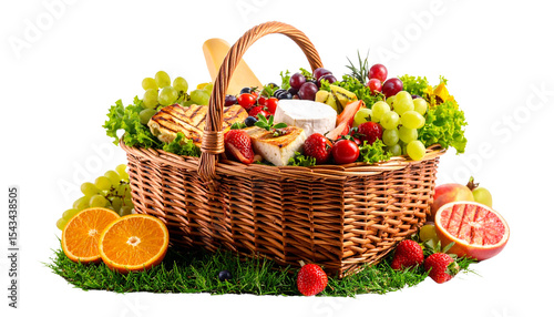 Spring Picnic Spread with Fresh Fruit, Cheese, and Grilled Tofu on White Backdrop