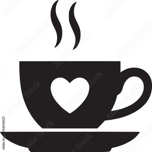 A black silhouette of a steaming cup with a heart on a saucer against a white background art