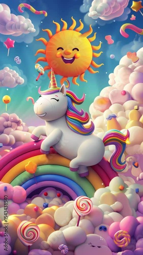 White unicorn sliding on a rainbow in a candy land under a smiling sun