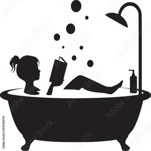 Silhouette of a woman reading in a bathtub with bubbles and a shower head in black and white art