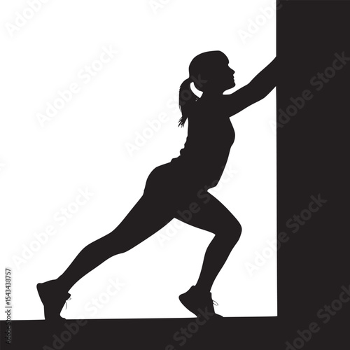 Silhouette of woman stretching against wall in black and white fitness exercise and workout scene