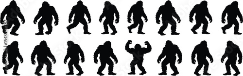 Mysterious Bigfoot Silhouettes: Cryptid Sasquatch Figures in Black and White, Ideal for Fantasy and Adventure Design flat vector illustration