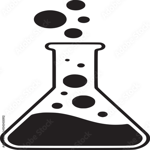A black and white illustration of a beaker with liquid and bubbles rising from it on a white background