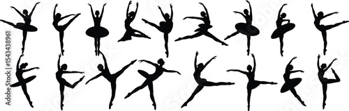  Elegant Ballerina Silhouettes: Graceful Dance Poses in Black and White, Perfect for Artistic and Performance Design Projectsflat vector illustration