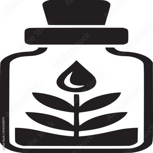Black and white illustration of a bottle with a plant and a drop inside on a white background