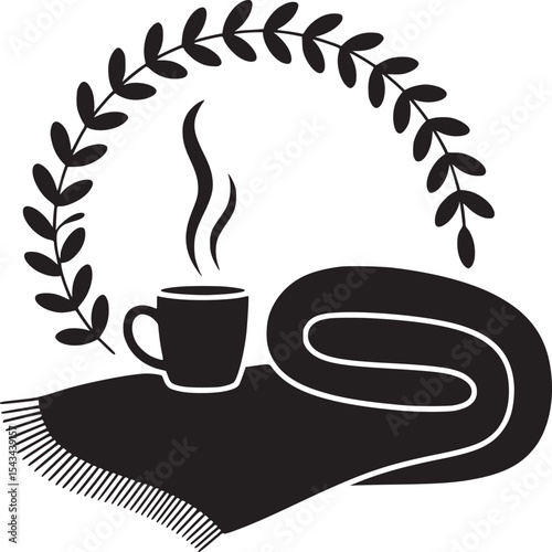 A steaming cup on a blanket with a leafy arch above it in a black and white vector illustration