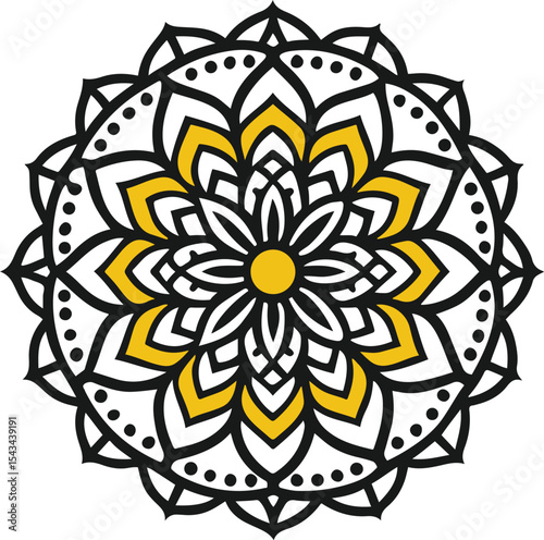 Intricate Floral Mandala Design with Geometric Patterns and Ornamental Details in Gold and Black