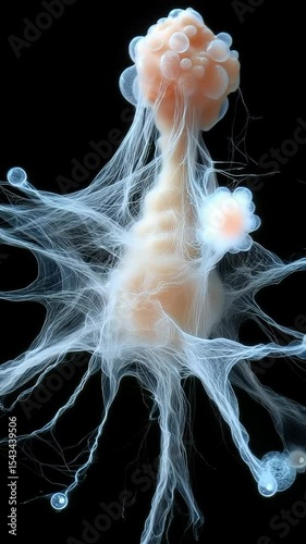 Cancer cell dividing and growing, forming metastasis, isolated on black background